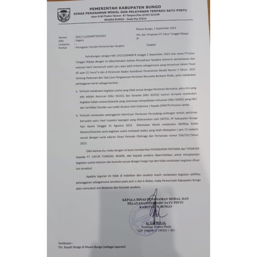 Pemkab Bungo Layangkan Peringatan Tertulis Terhadap PT.CTW, Wabup Bungo Sampaikan Ini