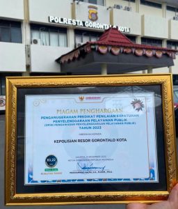 Polresta Gorontalo Kota Raih Penghargaan Kepatuhan Pelayanan Publik 2023 Dari Ombudsman RI